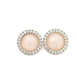 Vintage Rose Quartz Cabochon Pierced Earrings Gold Tone Round w Rhinestones